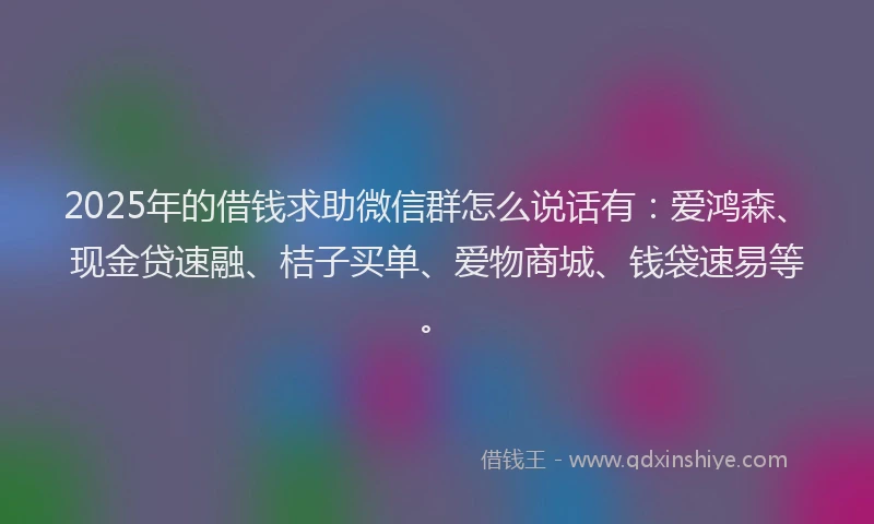 2025年的借钱求助微信群怎么说话有：爱鸿森、现金贷速融、桔子买单、爱物商城、钱袋速易等。