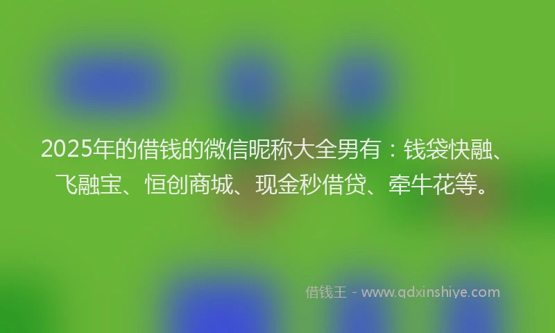 2025年的借钱的微信昵称大全男有：钱袋快融、飞融宝、恒创商城、现金秒借贷、牵牛花等。