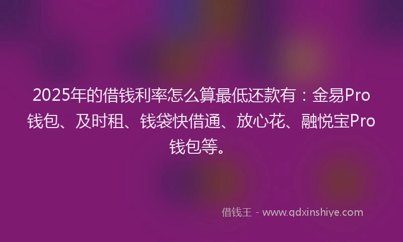 2025年的借钱利率怎么算最低还款有：金易Pro钱包、及时租、钱袋快借通、放心花、融悦宝Pro钱包等。