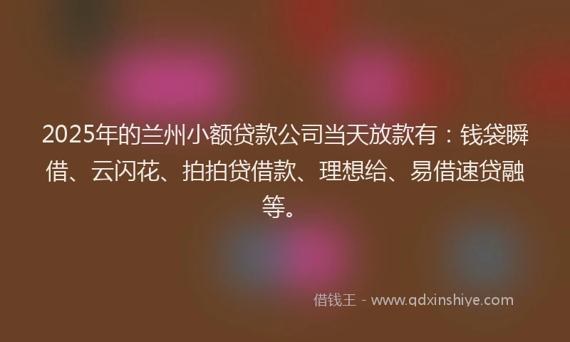 2025年的兰州小额贷款公司当天放款有：钱袋瞬借、云闪花、拍拍贷借款、理想给、易借速贷融等。