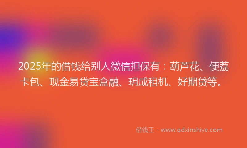 2025年的借钱给别人微信担保有：葫芦花、便荔卡包、现金易贷宝盒融、玥成租机、好期贷等。