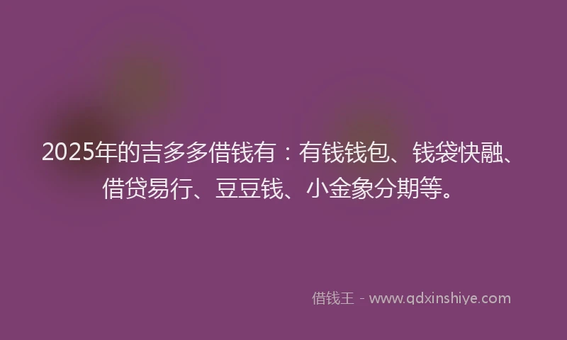 2025年的吉多多借钱有：有钱钱包、钱袋快融、借贷易行、豆豆钱、小金象分期等。