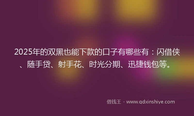 2025年的双黑也能下款的口子有哪些有：闪借侠、随手贷、射手花、时光分期、迅捷钱包等。