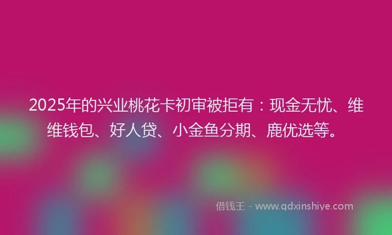 2025年的兴业桃花卡初审被拒有：现金无忧、维维钱包、好人贷、小金鱼分期、鹿优选等。