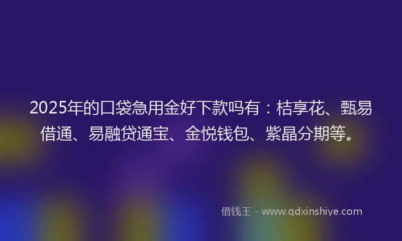 2025年的口袋急用金好下款吗有：桔享花、甄易借通、易融贷通宝、金悦钱包、紫晶分期等。