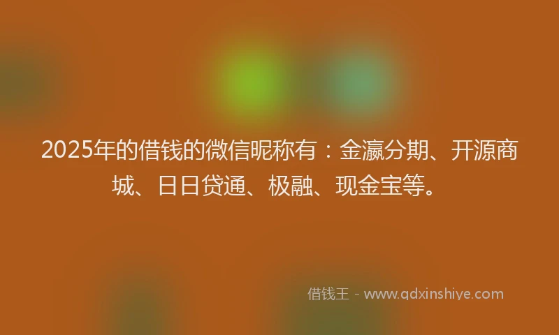 2025年的借钱的微信昵称有：金瀛分期、开源商城、日日贷通、极融、现金宝等。