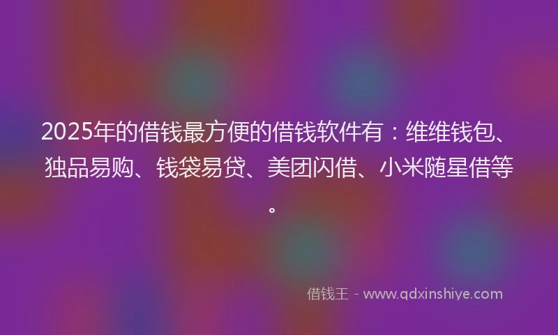 2025年的借钱最方便的借钱软件有：维维钱包、独品易购、钱袋易贷、美团闪借、小米随星借等。