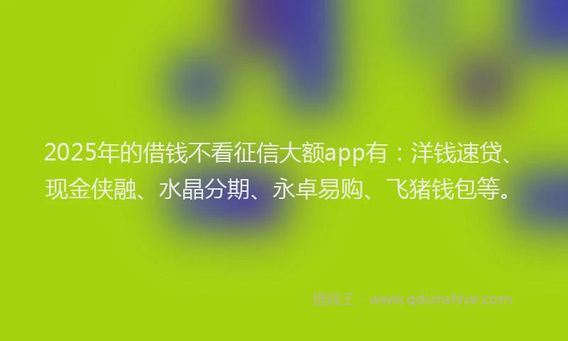 2025年的借钱不看征信大额app有：洋钱速贷、现金侠融、水晶分期、永卓易购、飞猪钱包等。