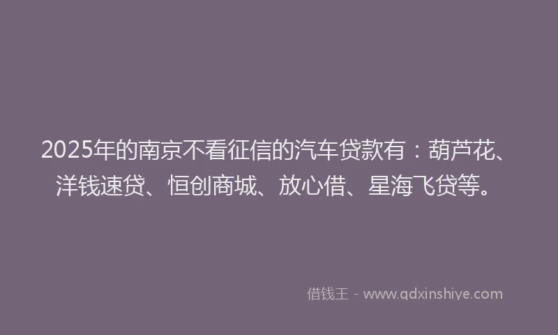 2025年的南京不看征信的汽车贷款有：葫芦花、洋钱速贷、恒创商城、放心借、星海飞贷等。