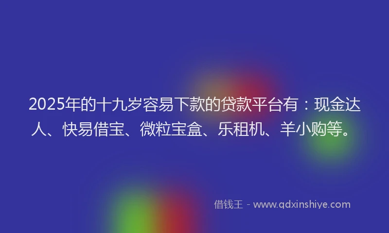 2025年的十九岁容易下款的贷款平台有：现金达人、快易借宝、微粒宝盒、乐租机、羊小购等。