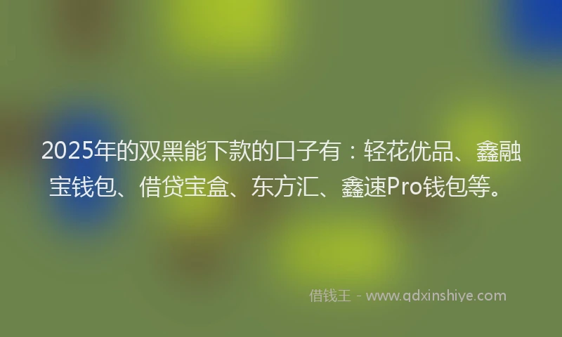 2025年的双黑能下款的口子有：轻花优品、鑫融宝钱包、借贷宝盒、东方汇、鑫速Pro钱包等。