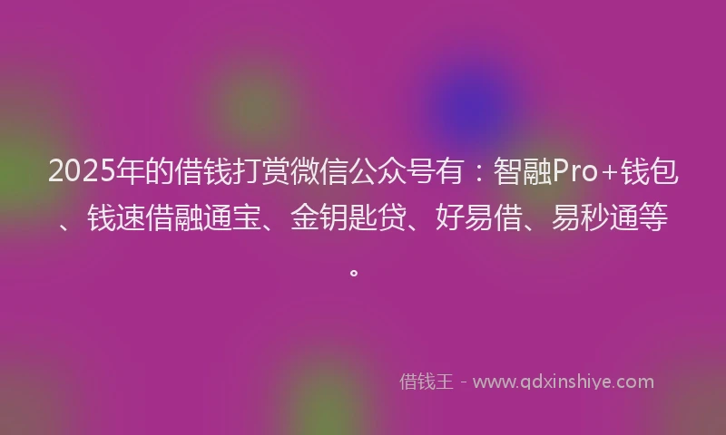 2025年的借钱打赏微信公众号有：智融Pro+钱包、钱速借融通宝、金钥匙贷、好易借、易秒通等。