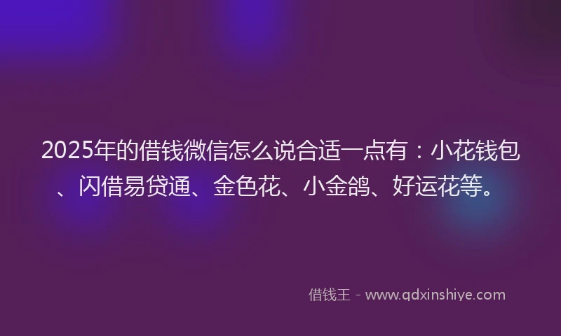 2025年的借钱微信怎么说合适一点有：小花钱包、闪借易贷通、金色花、小金鸽、好运花等。