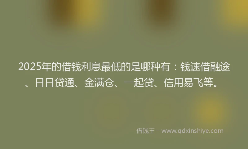 2025年的借钱利息最低的是哪种有：钱速借融途、日日贷通、金满仓、一起贷、信用易飞等。