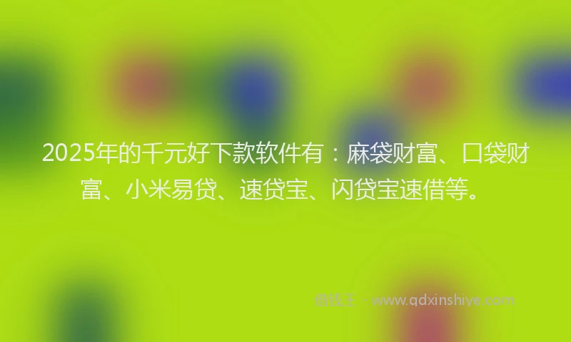 2025年的千元好下款软件有：麻袋财富、口袋财富、小米易贷、速贷宝、闪贷宝速借等。