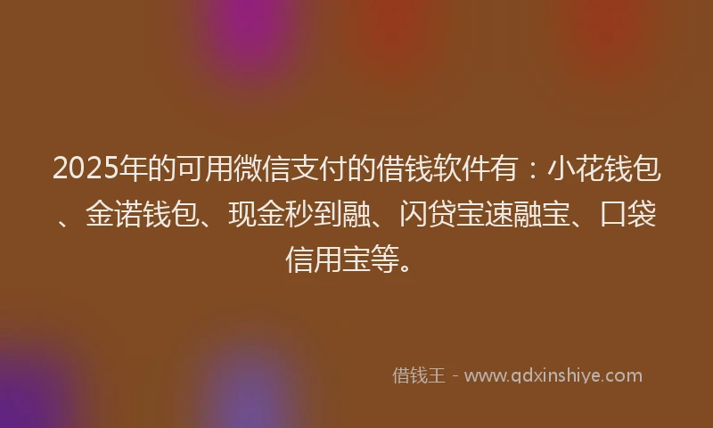 2025年的可用微信支付的借钱软件有：小花钱包、金诺钱包、现金秒到融、闪贷宝速融宝、口袋信用宝等。