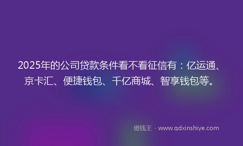 2025年的公司贷款条件看不看征信有：亿运通、京卡汇、便捷钱包、千亿商城、智享钱包等。