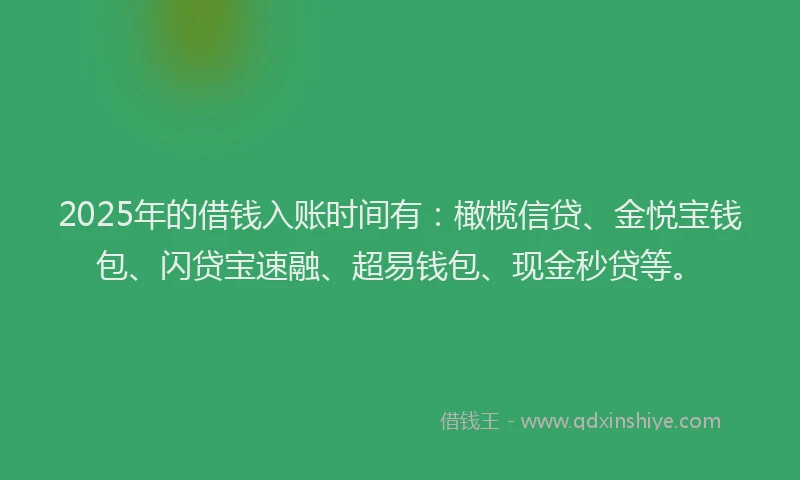 2025年的借钱入账时间有：橄榄信贷、金悦宝钱包、闪贷宝速融、超易钱包、现金秒贷等。