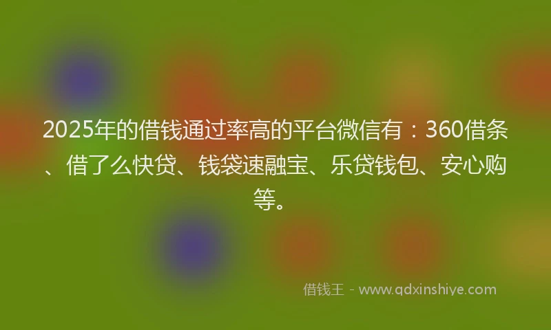 2025年的借钱通过率高的平台微信有：360借条、借了么快贷、钱袋速融宝、乐贷钱包、安心购等。
