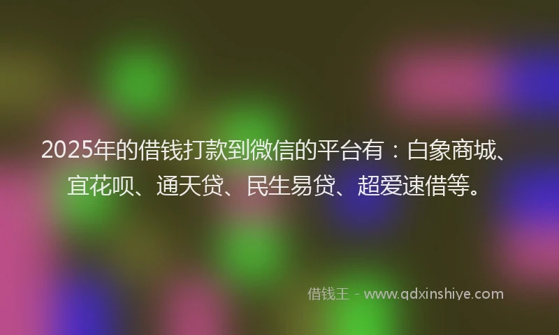 2025年的借钱打款到微信的平台有：白象商城、宜花呗、通天贷、民生易贷、超爱速借等。