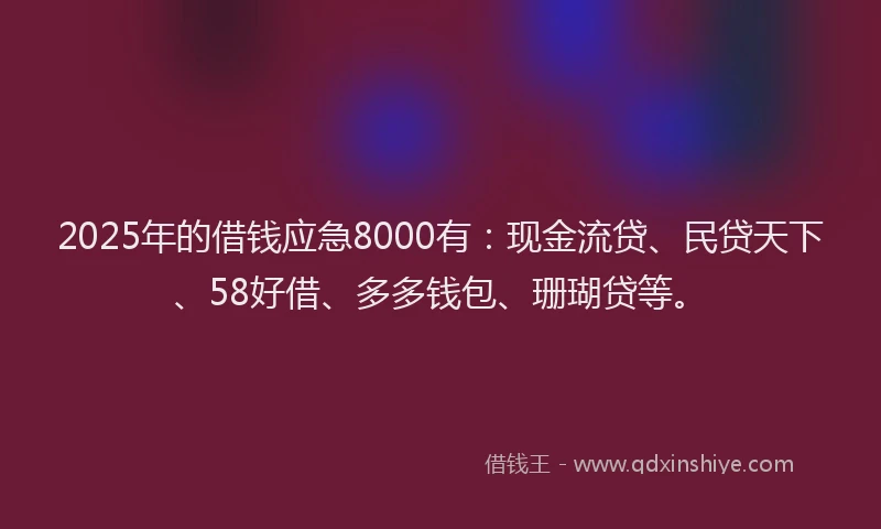 2025年的借钱应急8000有：现金流贷、民贷天下、58好借、多多钱包、珊瑚贷等。