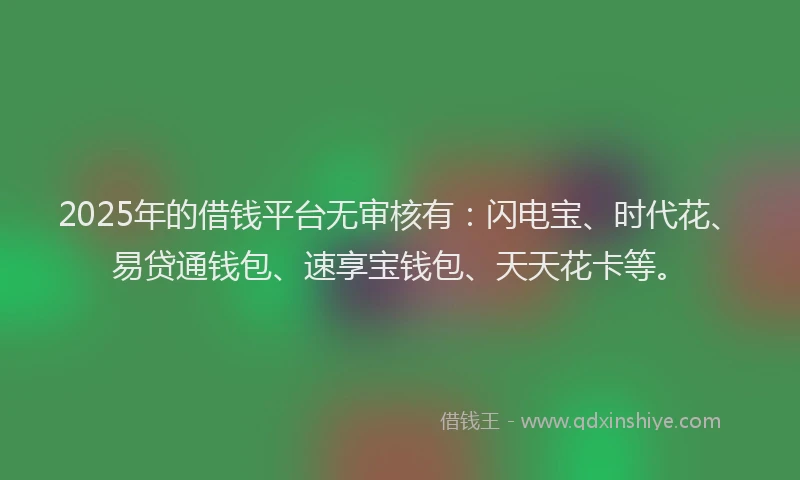 2025年的借钱平台无审核有：闪电宝、时代花、易贷通钱包、速享宝钱包、天天花卡等。