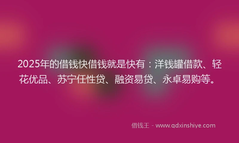 2025年的借钱快借钱就是快有：洋钱罐借款、轻花优品、苏宁任性贷、融资易贷、永卓易购等。