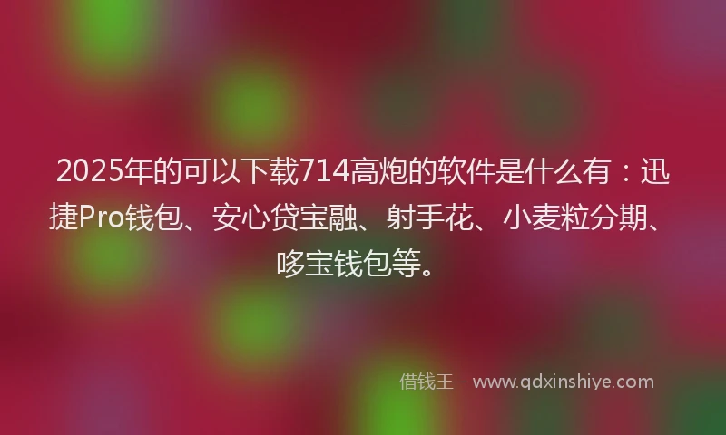 2025年的可以下载714高炮的软件是什么有：迅捷Pro钱包、安心贷宝融、射手花、小麦粒分期、哆宝钱包等。