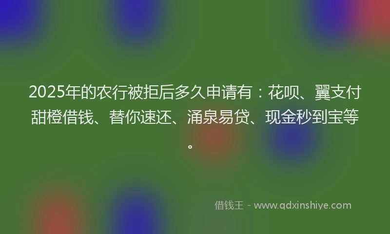 2025年的农行被拒后多久申请有：花呗、翼支付甜橙借钱、替你速还、涌泉易贷、现金秒到宝等。