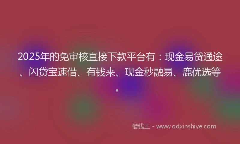 2025年的免审核直接下款平台有：现金易贷通途、闪贷宝速借、有钱来、现金秒融易、鹿优选等。