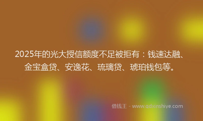 2025年的光大授信额度不足被拒有：钱速达融、金宝盒贷、安逸花、琉璃贷、琥珀钱包等。
