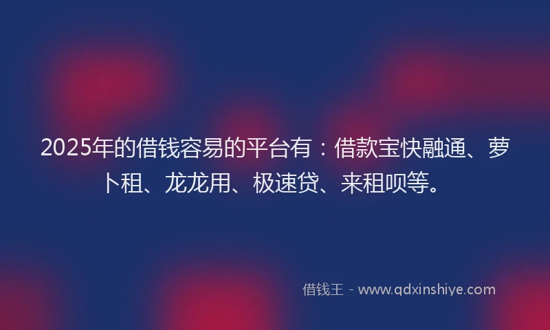 2025年的借钱容易的平台有：借款宝快融通、萝卜租、龙龙用、极速贷、来租呗等。