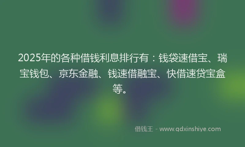 2025年的各种借钱利息排行有：钱袋速借宝、瑞宝钱包、京东金融、钱速借融宝、快借速贷宝盒等。