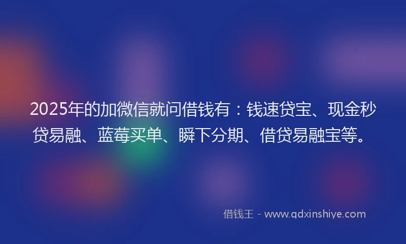 2025年的加微信就问借钱有：钱速贷宝、现金秒贷易融、蓝莓买单、瞬下分期、借贷易融宝等。