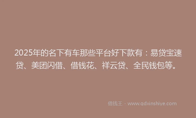 2025年的名下有车那些平台好下款有：易贷宝速贷、美团闪借、借钱花、祥云贷、全民钱包等。