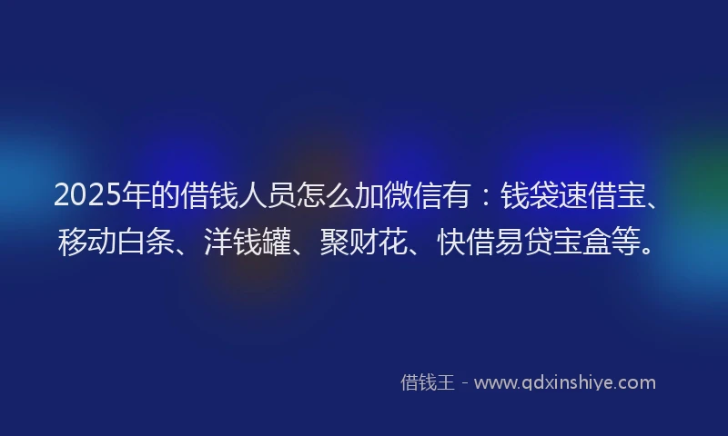 2025年的借钱人员怎么加微信有：钱袋速借宝、移动白条、洋钱罐、聚财花、快借易贷宝盒等。