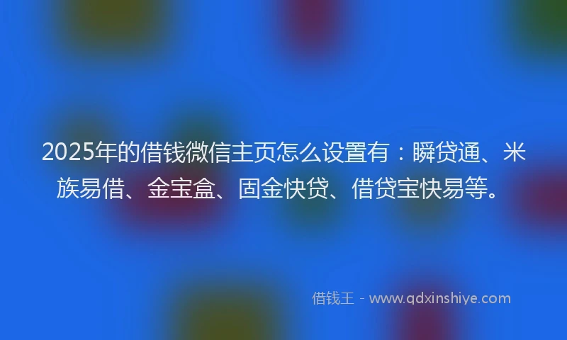 2025年的借钱微信主页怎么设置有：瞬贷通、米族易借、金宝盒、固金快贷、借贷宝快易等。