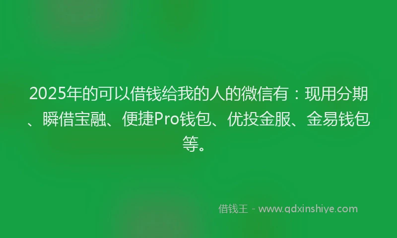 2025年的可以借钱给我的人的微信有：现用分期、瞬借宝融、便捷Pro钱包、优投金服、金易钱包等。