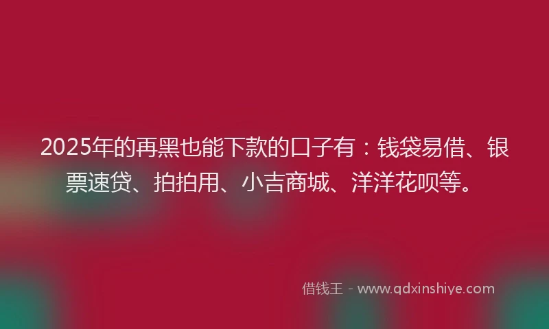 2025年的再黑也能下款的口子有：钱袋易借、银票速贷、拍拍用、小吉商城、洋洋花呗等。