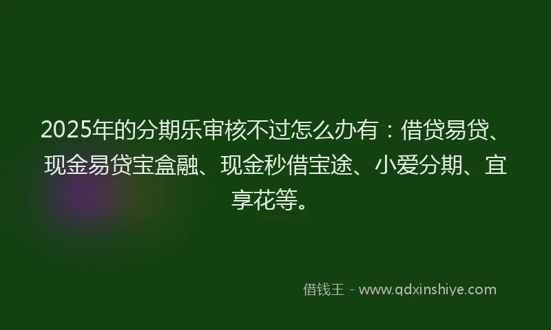 2025年的分期乐审核不过怎么办有：借贷易贷、现金易贷宝盒融、现金秒借宝途、小爱分期、宜享花等。