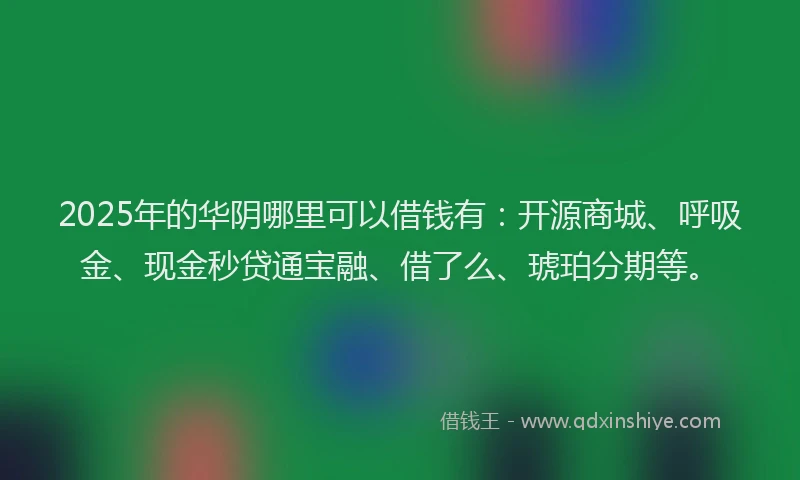 2025年的华阴哪里可以借钱有：开源商城、呼吸金、现金秒贷通宝融、借了么、琥珀分期等。