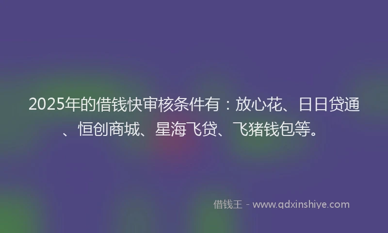 2025年的借钱快审核条件有：放心花、日日贷通、恒创商城、星海飞贷、飞猪钱包等。