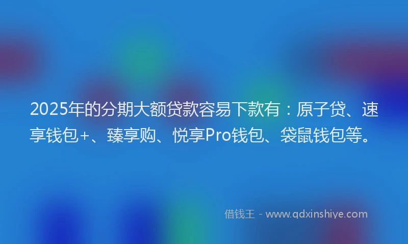2025年的分期大额贷款容易下款有：原子贷、速享钱包+、臻享购、悦享Pro钱包、袋鼠钱包等。