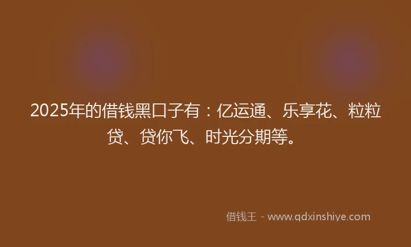 2025年的借钱黑口子有：亿运通、乐享花、粒粒贷、贷你飞、时光分期等。