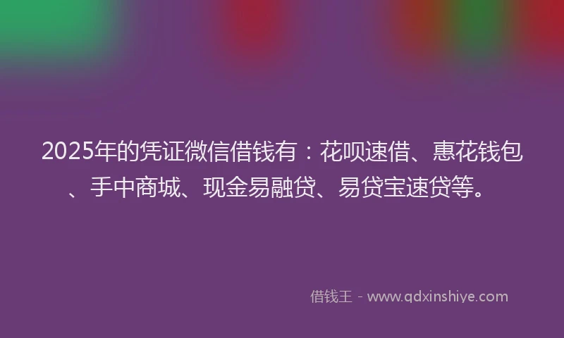 2025年的凭证微信借钱有：花呗速借、惠花钱包、手中商城、现金易融贷、易贷宝速贷等。