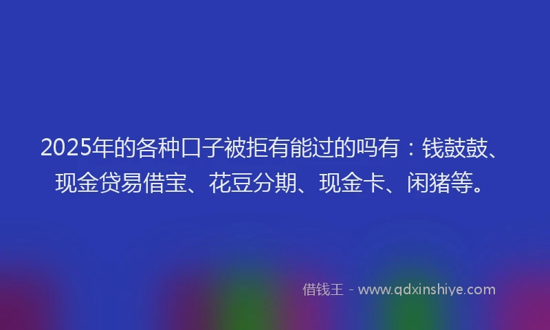 2025年的各种口子被拒有能过的吗有：钱鼓鼓、现金贷易借宝、花豆分期、现金卡、闲猪等。