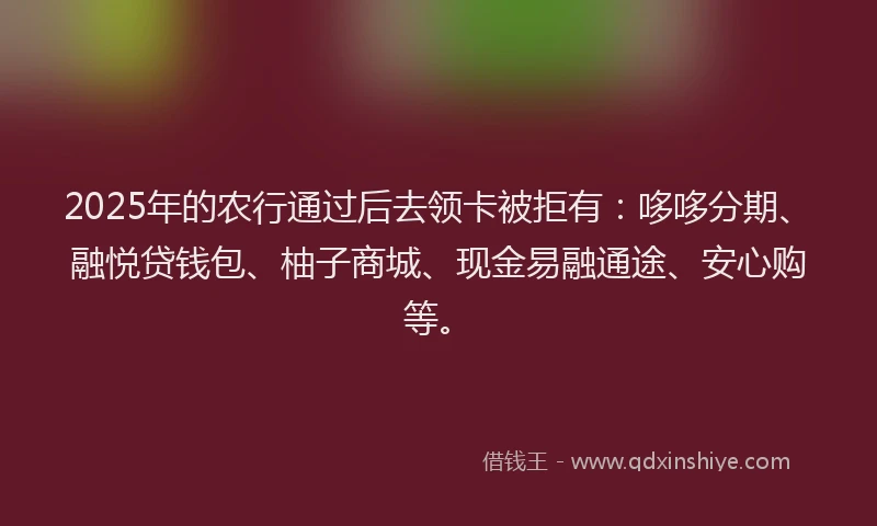 2025年的农行通过后去领卡被拒有：哆哆分期、融悦贷钱包、柚子商城、现金易融通途、安心购等。