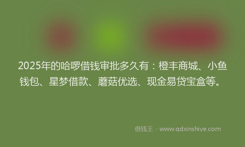 2025年的哈啰借钱审批多久有：橙丰商城、小鱼钱包、星梦借款、蘑菇优选、现金易贷宝盒等。