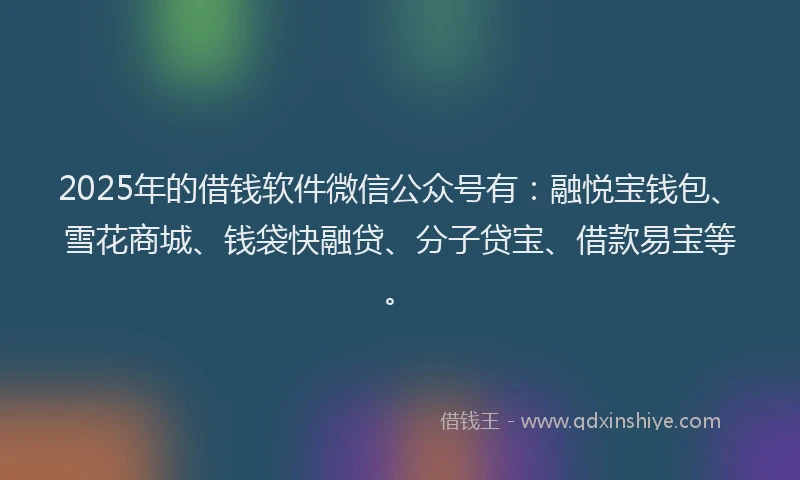 2025年的借钱软件微信公众号有：融悦宝钱包、雪花商城、钱袋快融贷、分子贷宝、借款易宝等。