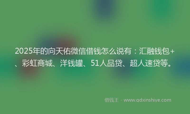 2025年的向天佑微信借钱怎么说有：汇融钱包+、彩虹商城、洋钱罐、51人品贷、超人速贷等。